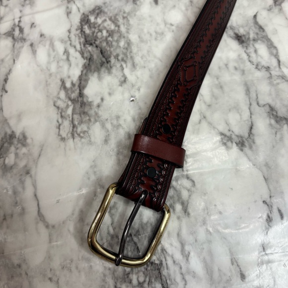 Genuine Leather belt size 36 gold buckle brown pattern print retro boho western - Picture 3 of 6